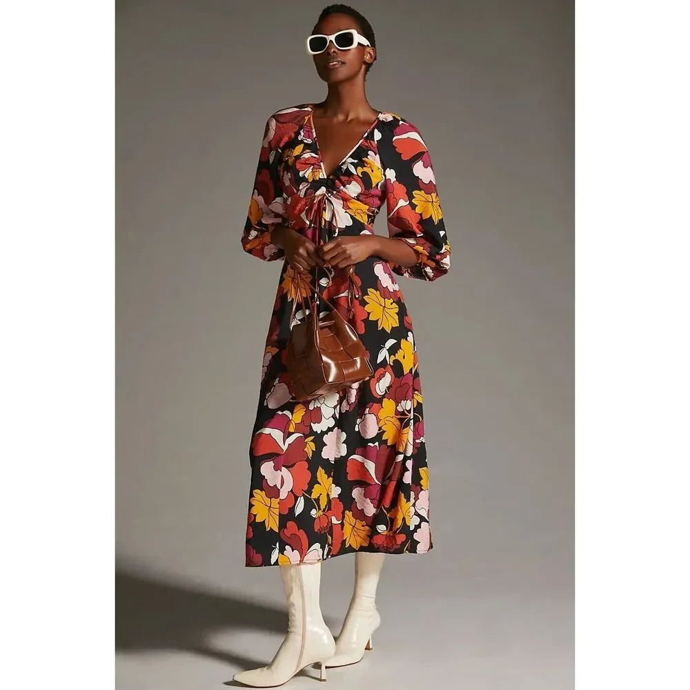 Anthropologie Maeve Deep-V Ruched Midi Dress